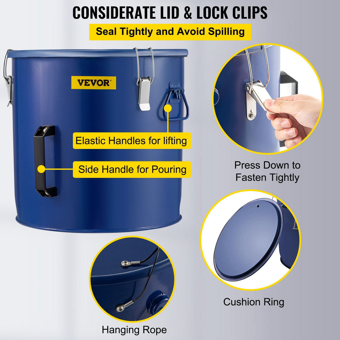 VEVOR Fryer Grease Bucket 10 Gal Oil Disposal Caddy Steel Fryer Oil Bucket w/Rust-proof Coating 37.9L Oil Transport Container w/Lid & Lock Clips Oil Caddy w/Filter Bag For Hot Cooking Oil Filtering