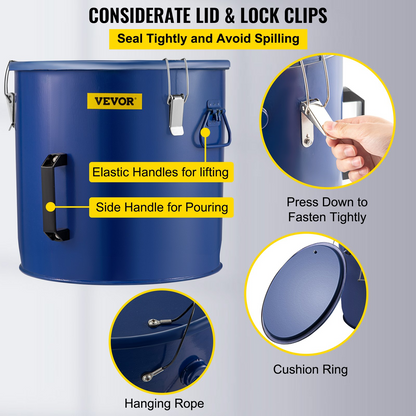 VEVOR Fryer Grease Bucket 10 Gal Oil Disposal Caddy Steel Fryer Oil Bucket w/Rust-proof Coating 37.9L Oil Transport Container w/Lid & Lock Clips Oil Caddy w/Filter Bag For Hot Cooking Oil Filtering