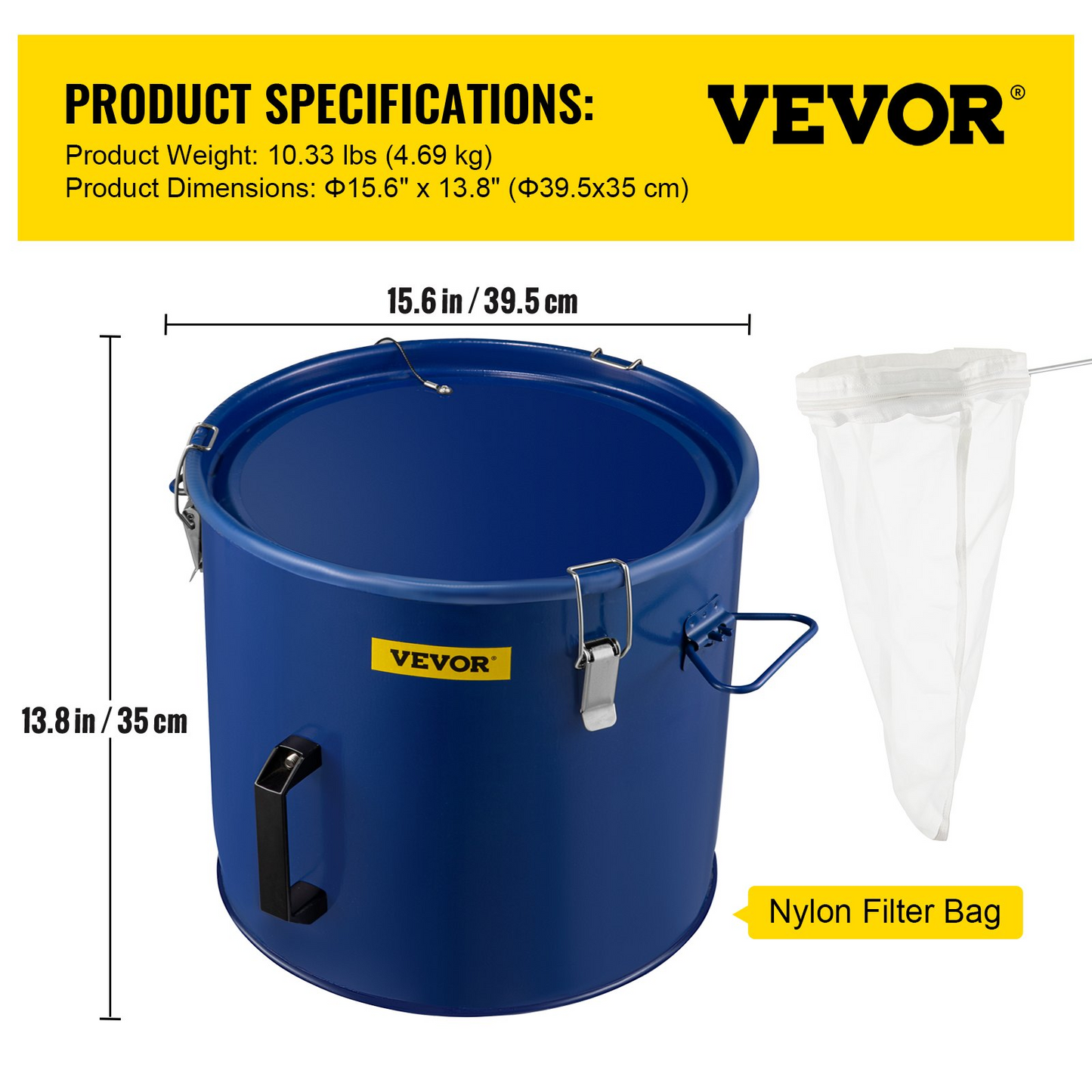 VEVOR Fryer Grease Bucket 10 Gal Oil Disposal Caddy Steel Fryer Oil Bucket w/Rust-proof Coating 37.9L Oil Transport Container w/Lid & Lock Clips Oil Caddy w/Filter Bag For Hot Cooking Oil Filtering
