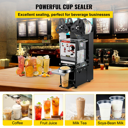 VEVOR Semi-automatic Cup Sealing Machine, 300-500 Cup/h Tea Cup Sealer Machine, Black Boba Cup Sealer Machine, 90/95mm Cup Diameter Boba Cup Sealing Machine with Control Panel for Bubble Milk Tea