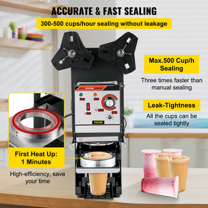VEVOR Semi-automatic Cup Sealing Machine, 300-500 Cup/h Tea Cup Sealer Machine, Black Boba Cup Sealer Machine, 90/95mm Cup Diameter Boba Cup Sealing Machine with Control Panel for Bubble Milk Tea