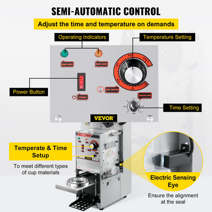 VEVOR Semi-automatic Cup Sealing Machine, 300-500 Cup/h Tea Cup Sealer Machine, Silver Boba Cup Sealer Machine, 90/95mm Cup Diameter Boba Cup Sealing Machine with Control Panel for Bubble Milk Tea