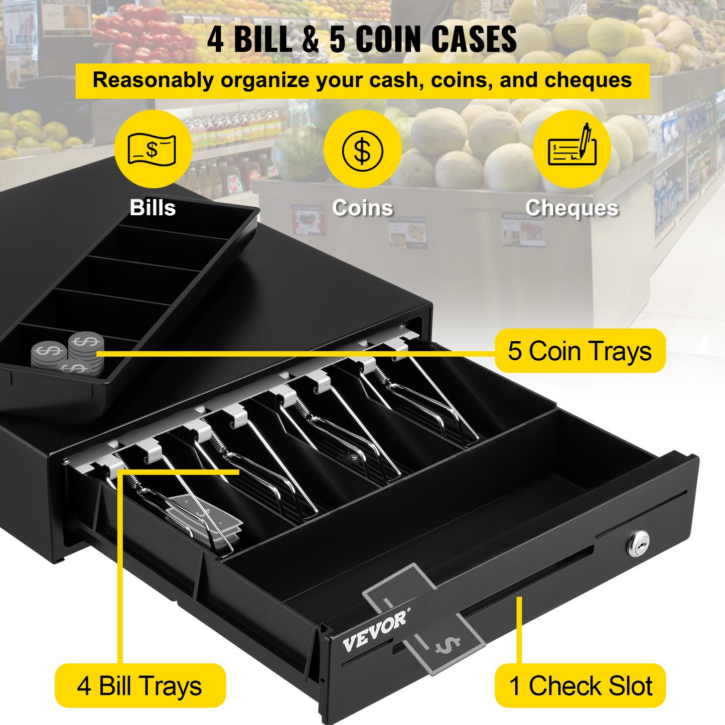 VEVOR Cash Register Drawer, 13" 12 V, for POS System with 4 Bill 5 Coin Cash Tray, Removable Coin Compartment & 2 Keys Included, RJ11/RJ12 Cable for Supermarket, Bar, Coffee Shop, Restaurant