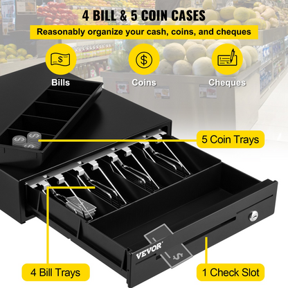 VEVOR Cash Register Drawer, 13" 12 V, for POS System with 4 Bill 5 Coin Cash Tray, Removable Coin Compartment & 2 Keys Included, RJ11/RJ12 Cable for Supermarket, Bar, Coffee Shop, Restaurant