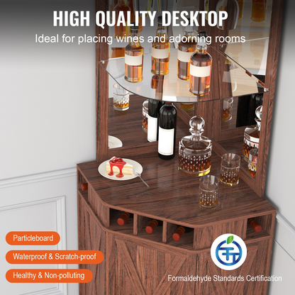VEVOR Corner Industrial Bar Cabinet, Wine Table for Liquor & Glasses, Sideboard Buffet Cabinet with Glass Holder, Freestanding Farmhouse Wood Coffee Bar Cabinet for Living Room, Home Bar, Black Walnut