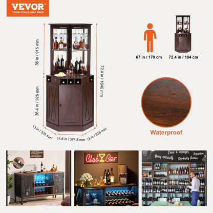 VEVOR Corner Industrial Bar Cabinet, Wine Table for Liquor & Glasses, Sideboard Buffet Cabinet with Glass Holder, Freestanding Farmhouse Wood Coffee Bar Cabinet for Living Room, Home Bar, Black Walnut