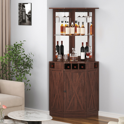 VEVOR Corner Industrial Bar Cabinet, Wine Table for Liquor & Glasses, Sideboard Buffet Cabinet with Glass Holder, Freestanding Farmhouse Wood Coffee Bar Cabinet for Living Room, Home Bar, Black Walnut