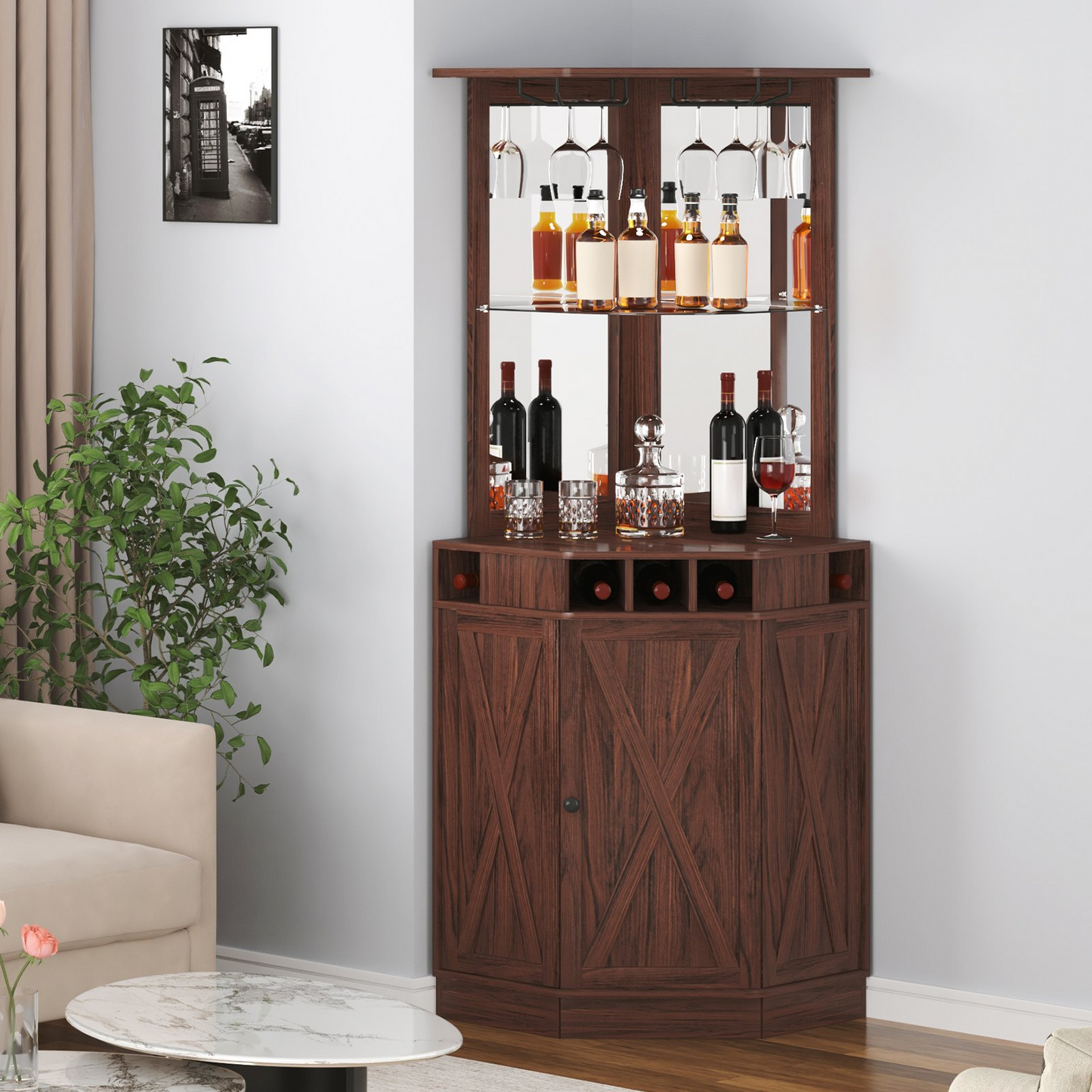 VEVOR Corner Industrial Bar Cabinet, Wine Table for Liquor & Glasses, Sideboard Buffet Cabinet with Glass Holder, Freestanding Farmhouse Wood Coffee Bar Cabinet for Living Room, Home Bar, Black Walnut