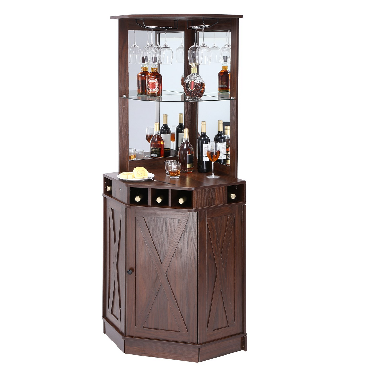 VEVOR Corner Industrial Bar Cabinet, Wine Table for Liquor & Glasses, Sideboard Buffet Cabinet with Glass Holder, Freestanding Farmhouse Wood Coffee Bar Cabinet for Living Room, Home Bar, Black Walnut