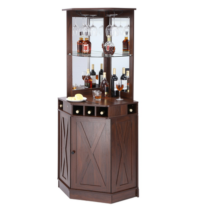 VEVOR Corner Industrial Bar Cabinet, Wine Table for Liquor & Glasses, Sideboard Buffet Cabinet with Glass Holder, Freestanding Farmhouse Wood Coffee Bar Cabinet for Living Room, Home Bar, Black Walnut