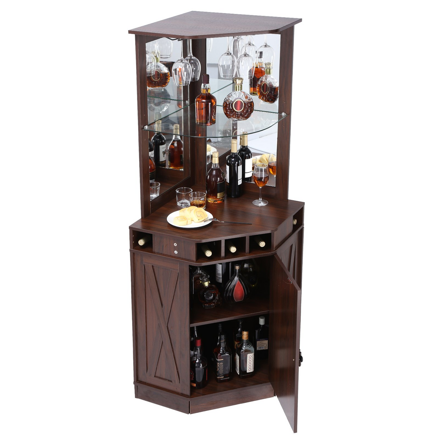 VEVOR Corner Industrial Bar Cabinet, Wine Table for Liquor & Glasses, Sideboard Buffet Cabinet with Glass Holder, Freestanding Farmhouse Wood Coffee Bar Cabinet for Living Room, Home Bar, Black Walnut