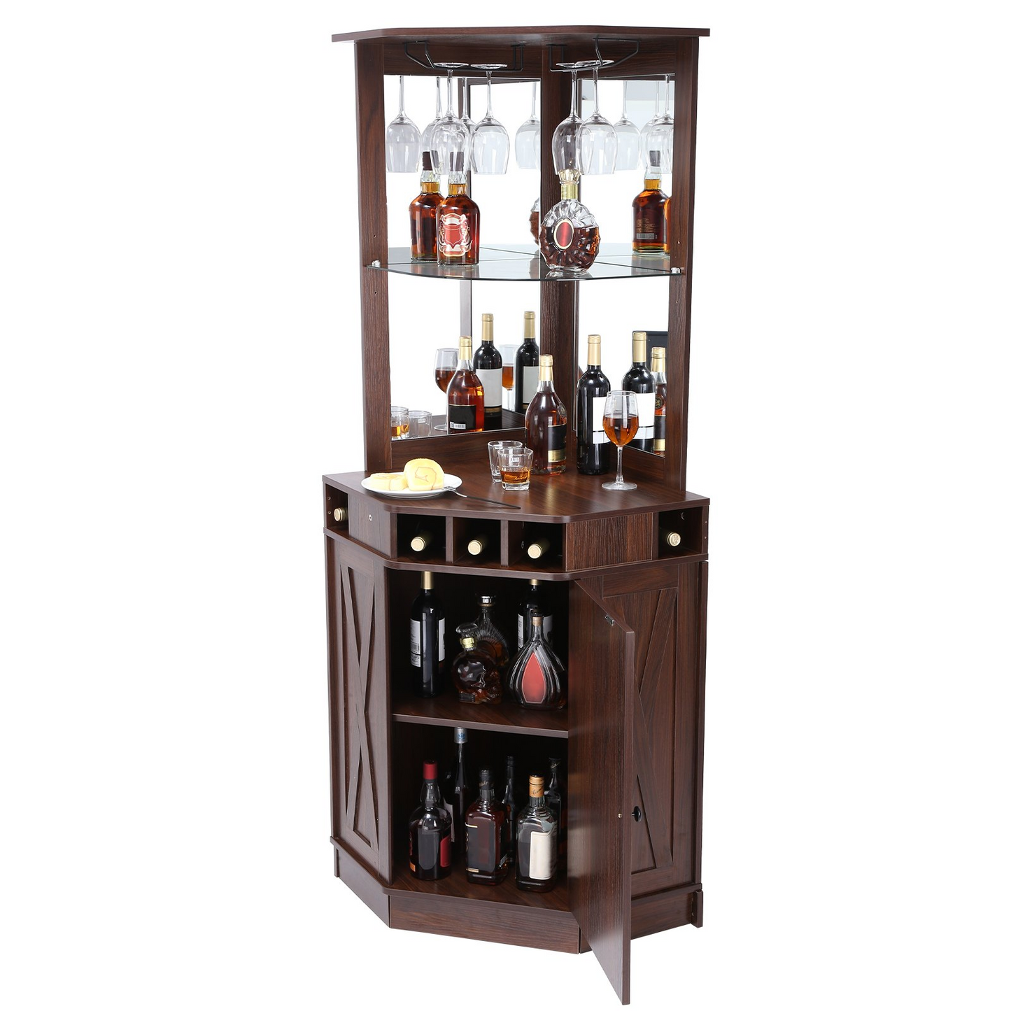 VEVOR Corner Industrial Bar Cabinet, Wine Table for Liquor & Glasses, Sideboard Buffet Cabinet with Glass Holder, Freestanding Farmhouse Wood Coffee Bar Cabinet for Living Room, Home Bar, Black Walnut