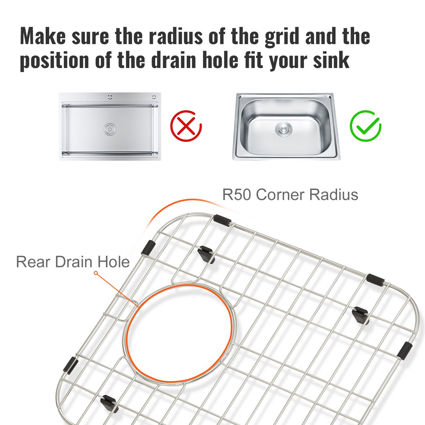 VEVOR Sink Protector Grid 2PCS, 13.3"x11.6" Stainless Steel Sink Grates, Rear Drain Sink Grates with R50 Corner Radius, Large Sink Bottom Grids, Universal Bowl Rack Sink Accessories For Kitchen Sink