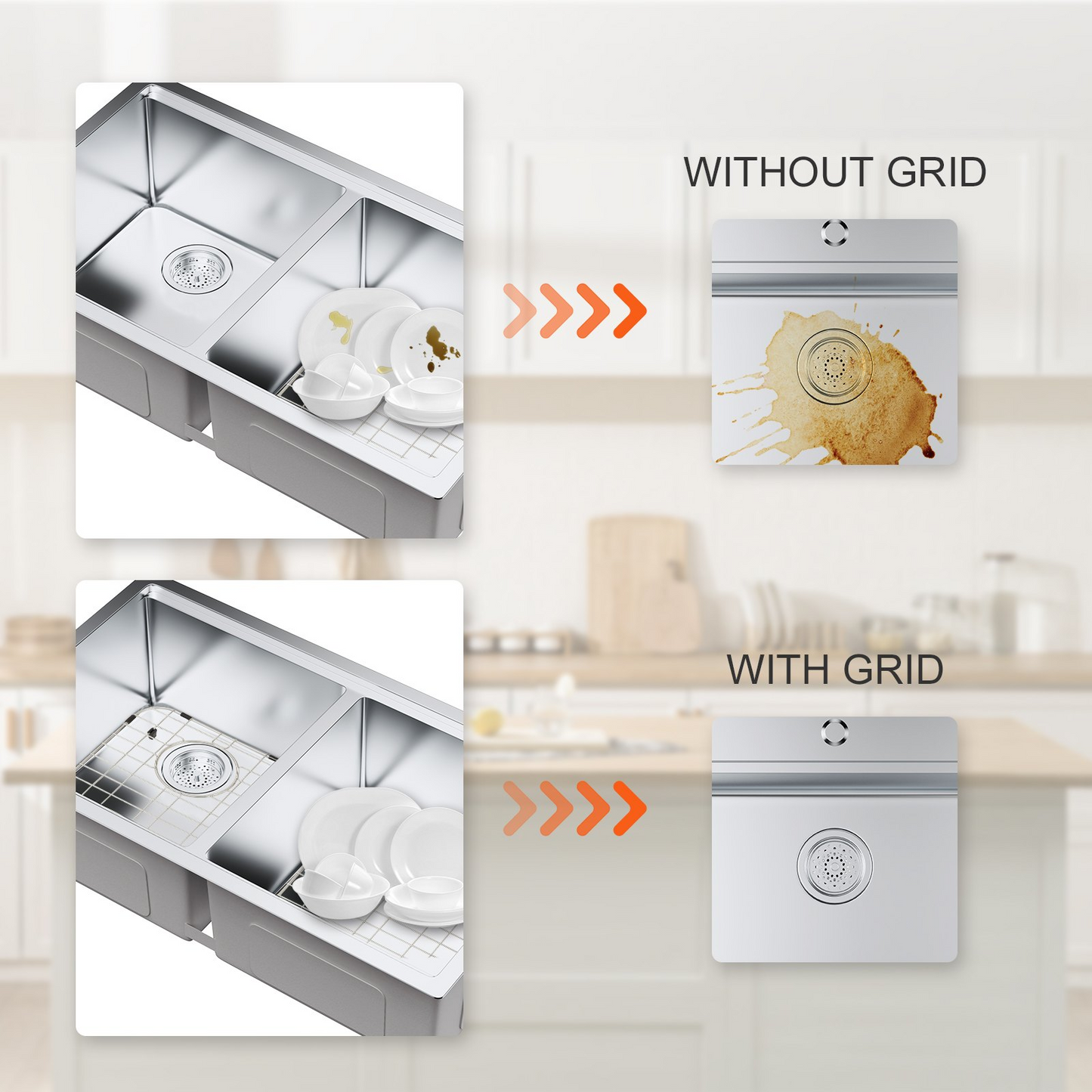 VEVOR Sink Protector Grid 2PCS, 13.3"x11.6" Stainless Steel Sink Grates, Rear Drain Sink Grates with R50 Corner Radius, Large Sink Bottom Grids, Universal Bowl Rack Sink Accessories For Kitchen Sink