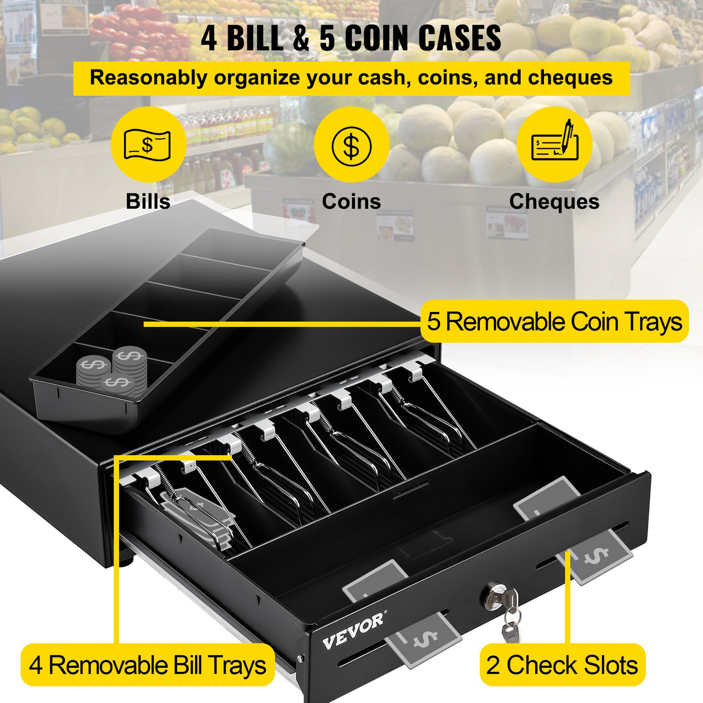 VEVOR Cash Register Drawer, 13" 2 Unlocking Ways, Fully Removable Design with 4 Bill 5 Coin Cash Tray, 2 Keys Included, Compact Size Cash Registers for Supermarket, Bar, Coffee Shop, Restaurant