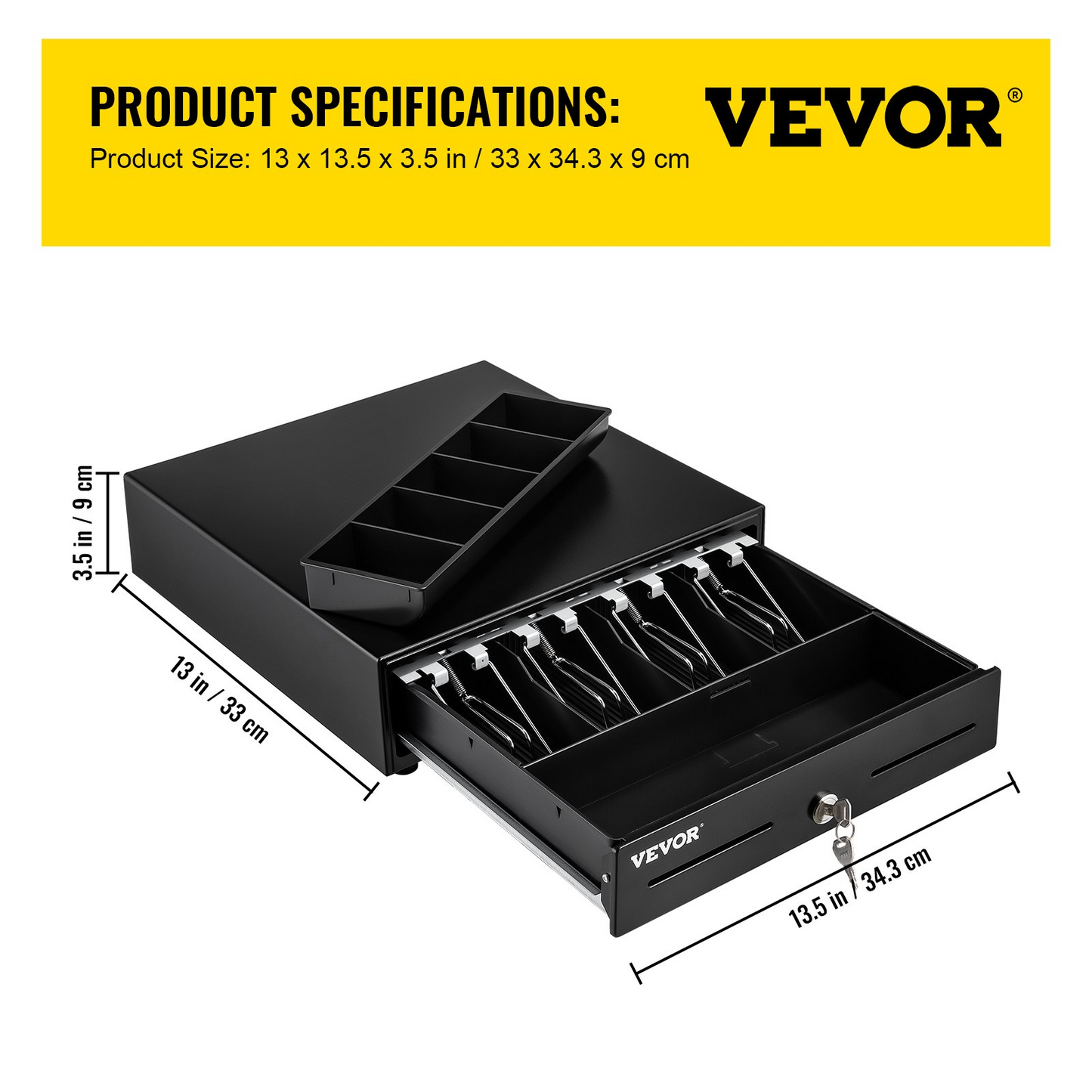 VEVOR Cash Register Drawer, 13" 2 Unlocking Ways, Fully Removable Design with 4 Bill 5 Coin Cash Tray, 2 Keys Included, Compact Size Cash Registers for Supermarket, Bar, Coffee Shop, Restaurant