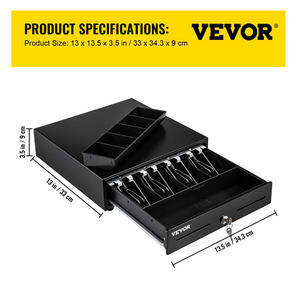 VEVOR Cash Register Drawer, 13" 2 Unlocking Ways, Fully Removable Design with 4 Bill 5 Coin Cash Tray, 2 Keys Included, Compact Size Cash Registers for Supermarket, Bar, Coffee Shop, Restaurant