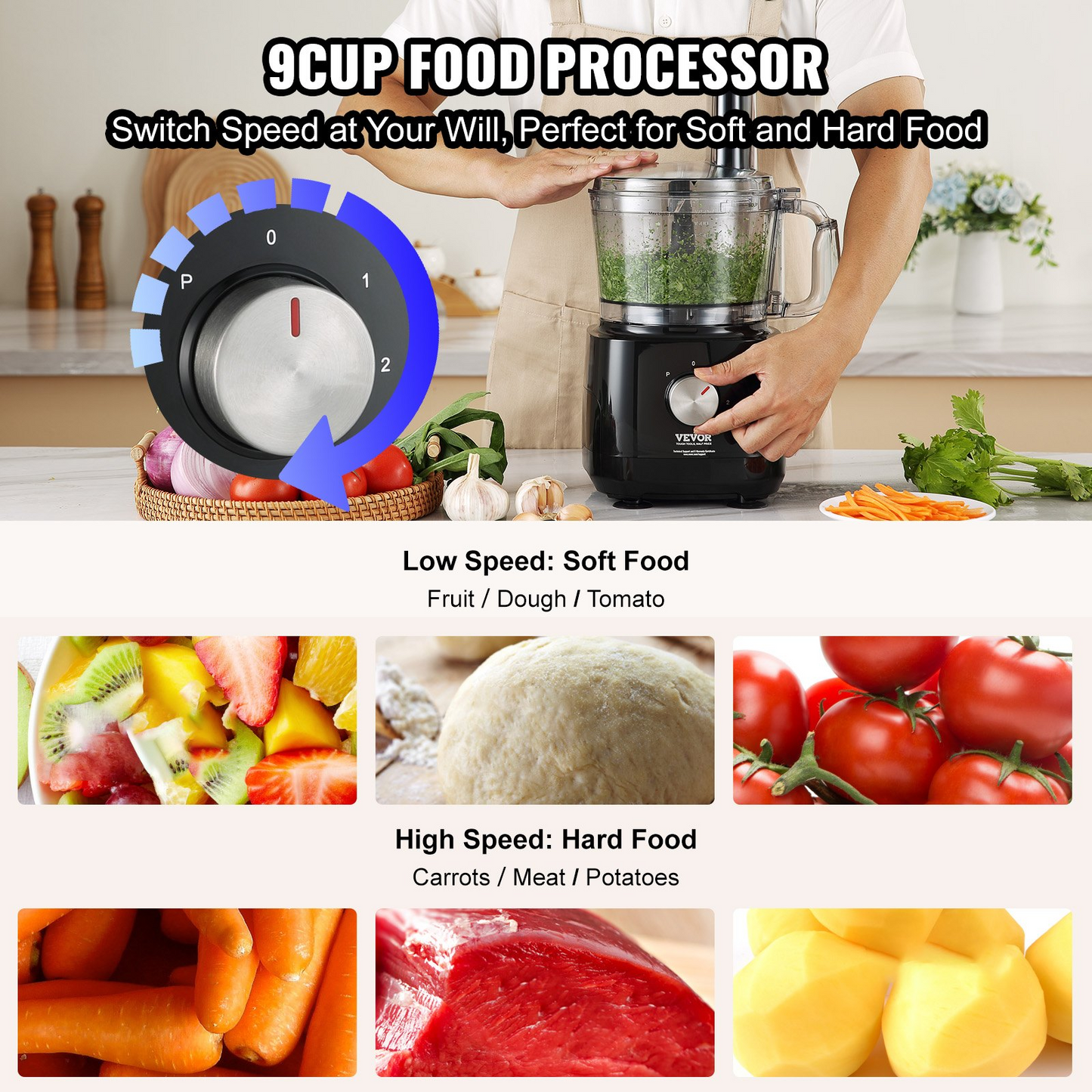 VEVOR Food Processor, 9-Cup Vegetable Chopper for Chopping, Slicing, Shredding, Puree, and Kneading, 600 Watts Stainless Steel Blade Professional Electric Food Chopper, Easy Assembly & Clean, Black