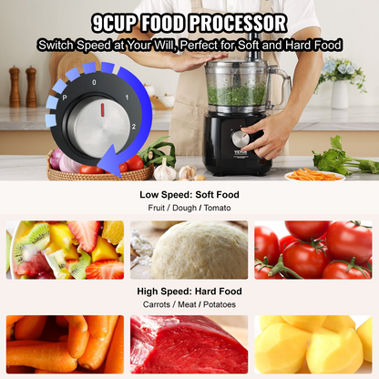 VEVOR Food Processor, 9-Cup Vegetable Chopper for Chopping, Slicing, Shredding, Puree, and Kneading, 600 Watts Stainless Steel Blade Professional Electric Food Chopper, Easy Assembly & Clean, Black