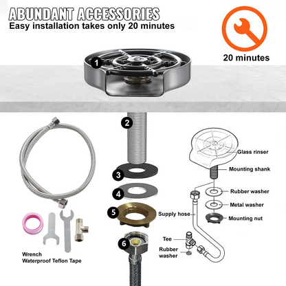 VEVOR Glass Rinser, 10 Powerful Spraying Jets 360° Rotating Cup Rinser for Sink, 304 Stainless Steel Faucet Cup Washer with ABS Cup Holder for Baby Bottle, Glass Cup, Wine Glass (Silver Grey Base)