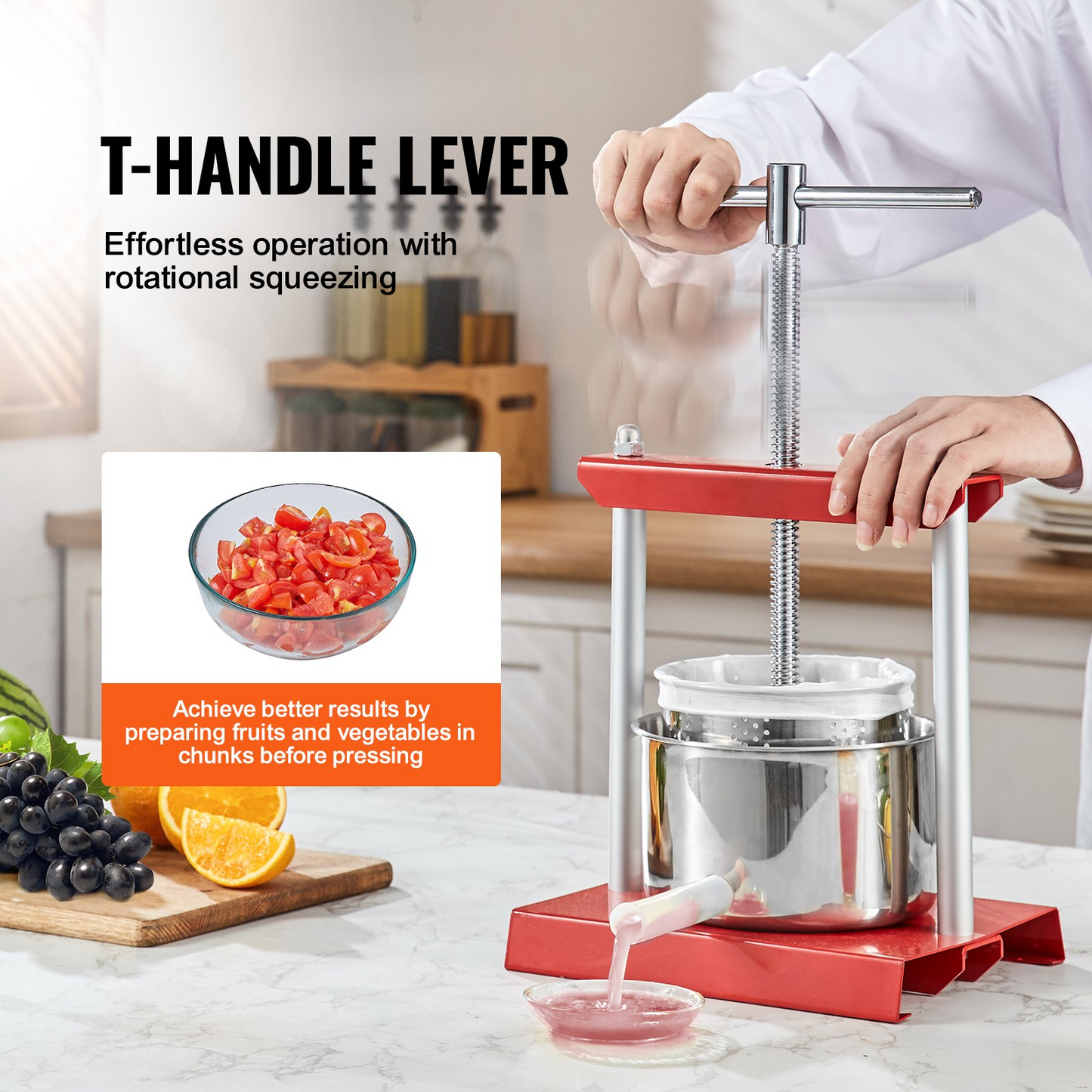 VEVOR Fruit Wine Press, 1.6 Gallon/6L, 2 Stainless Steel Barrels, Manual Juice Maker, Cider Apple Grape Tincture Vegetables Honey Olive Oil Making Press with T-Handle for Outdoor, Kitchen, and Home
