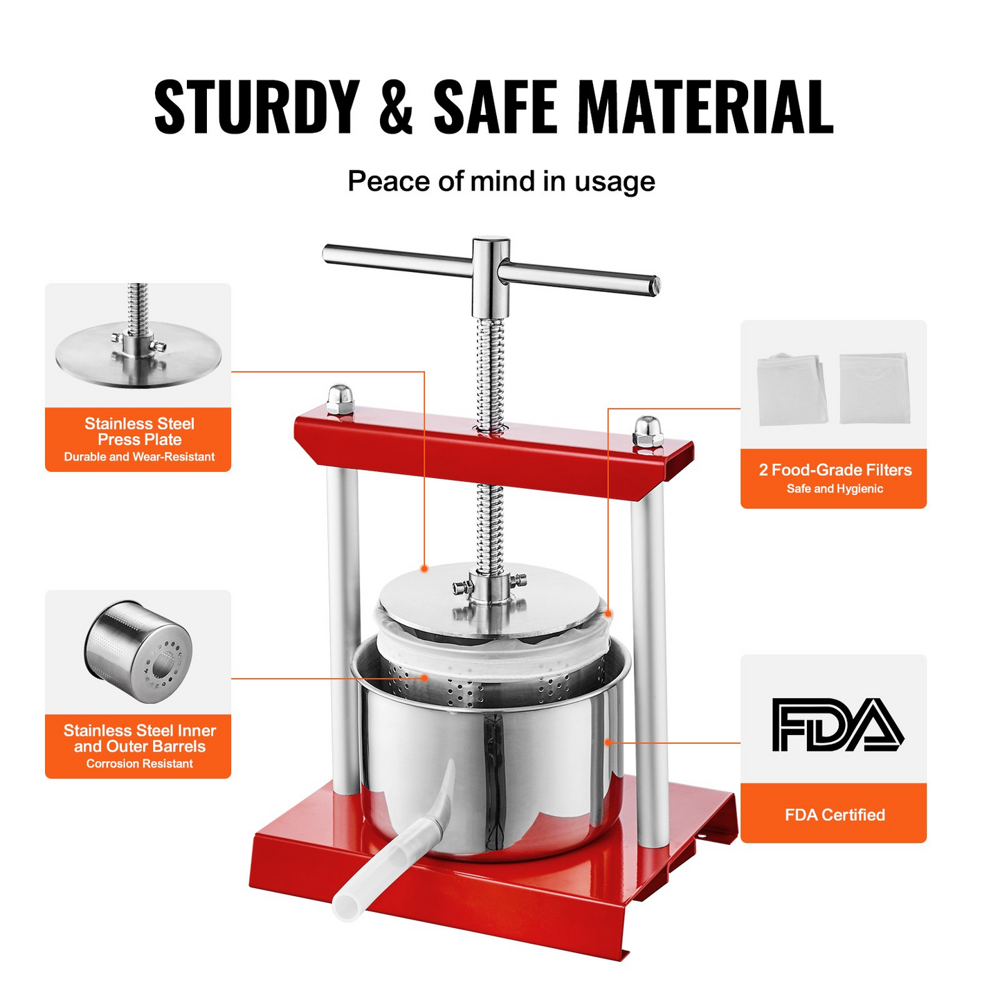 VEVOR Fruit Wine Press, 1.6 Gallon/6L, 2 Stainless Steel Barrels, Manual Juice Maker, Cider Apple Grape Tincture Vegetables Honey Olive Oil Making Press with T-Handle for Outdoor, Kitchen, and Home