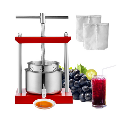 VEVOR Fruit Wine Press, 1.6 Gallon/6L, 2 Stainless Steel Barrels, Manual Juice Maker, Cider Apple Grape Tincture Vegetables Honey Olive Oil Making Press with T-Handle for Outdoor, Kitchen, and Home