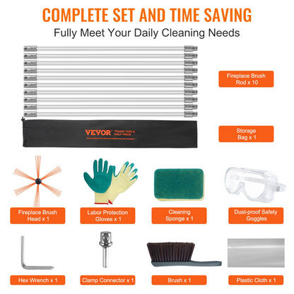 VEVOR 33 Feet Chimney Sweep Kit, w/ 10 Reinforced Nylon Flexible Rods, Ergonomic Chimney Cleaning Brush, 360-Degree Brush Chimney Cleaner, Rich Accessories for Fireplace Flue Home Use Fits most Pipes