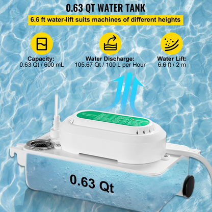 VEVOR Condensate Pump, 6.6 ft/2 m Lift, 110V Removal Drain Pump with 0.63 Qt/0.6 L Water Tank, 5W Automatic Condensation Pump with 100 L/H Flow, for Commercial Ice Makers of Different Types