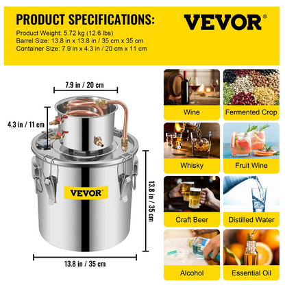 VEVOR Moonshine Still 9.6Gal 38L, Distillery Kit with Circulating Pump, Alcohol Still Copper Tube, Whiskey Distilling Kit w/Build-In Thermometer, Whiskey Making Kit for DIY Alcohol, Stainless Steel