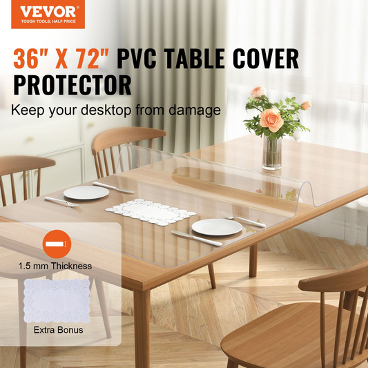 VEVOR Clear Table Cover Protector, 36" x 72" Table Cover, 1.5 mm Thick PVC Plastic Tablecloth, Waterproof Desktop Protector for Writing Desk, Coffee Table, Dining Room Table