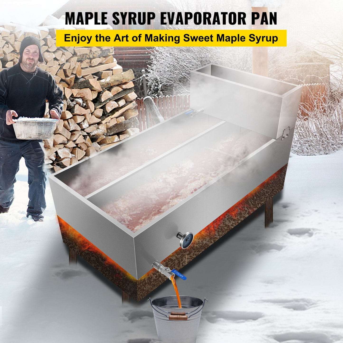 VEVOR Maple Syrup Evaporator Pan 48x24x19 Inch Stainless Steel Maple Syrup Boiling Pan with Valve and Thermometer and Divided Pan and Feed Pan