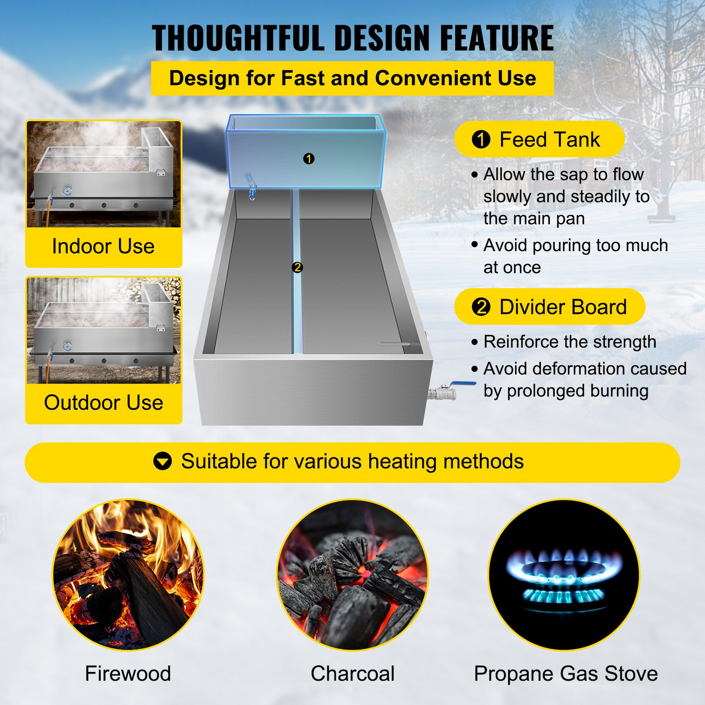 VEVOR Maple Syrup Evaporator Pan 48x24x19 Inch Stainless Steel Maple Syrup Boiling Pan with Valve and Thermometer and Divided Pan and Feed Pan