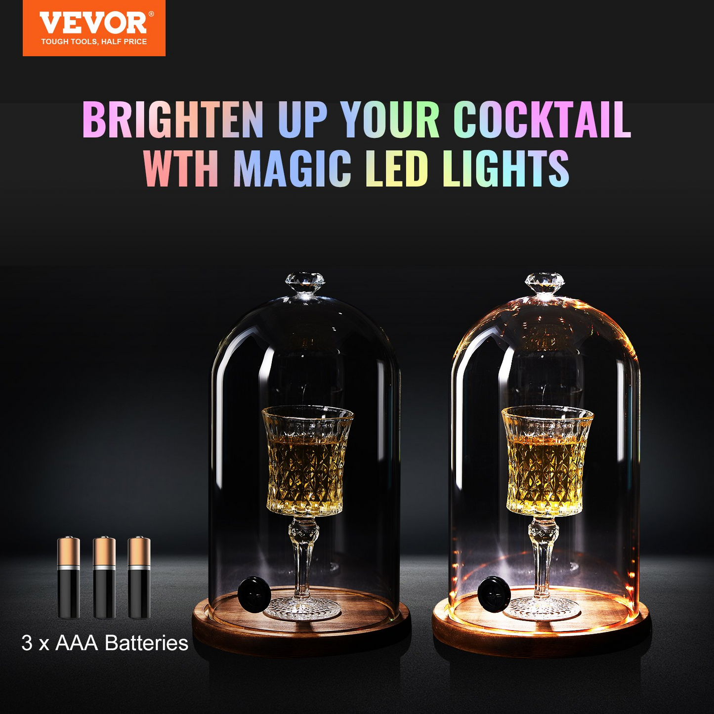 VEVOR Smoking Cloche, 6.9 inch Glass Dome Cover with Wooden Base, Smoker Gun Smoke Infuser Accessory for Plates, Bowls, and Glasses, Specialized Cloche Dome Cover Lid for Cocktails Drinks Foods, Clear