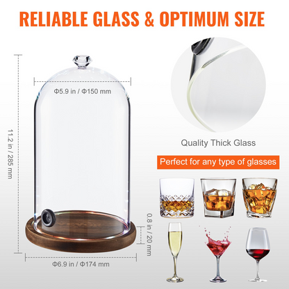 VEVOR Smoking Cloche, 6.9 inch Glass Dome Cover with Wooden Base, Smoker Gun Smoke Infuser Accessory for Plates, Bowls, and Glasses, Specialized Cloche Dome Cover Lid for Cocktails Drinks Foods, Clear