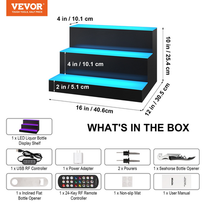VEVOR LED Lighted Liquor Bottle Display Bar Shelf RF & App Control 16" 3-Step