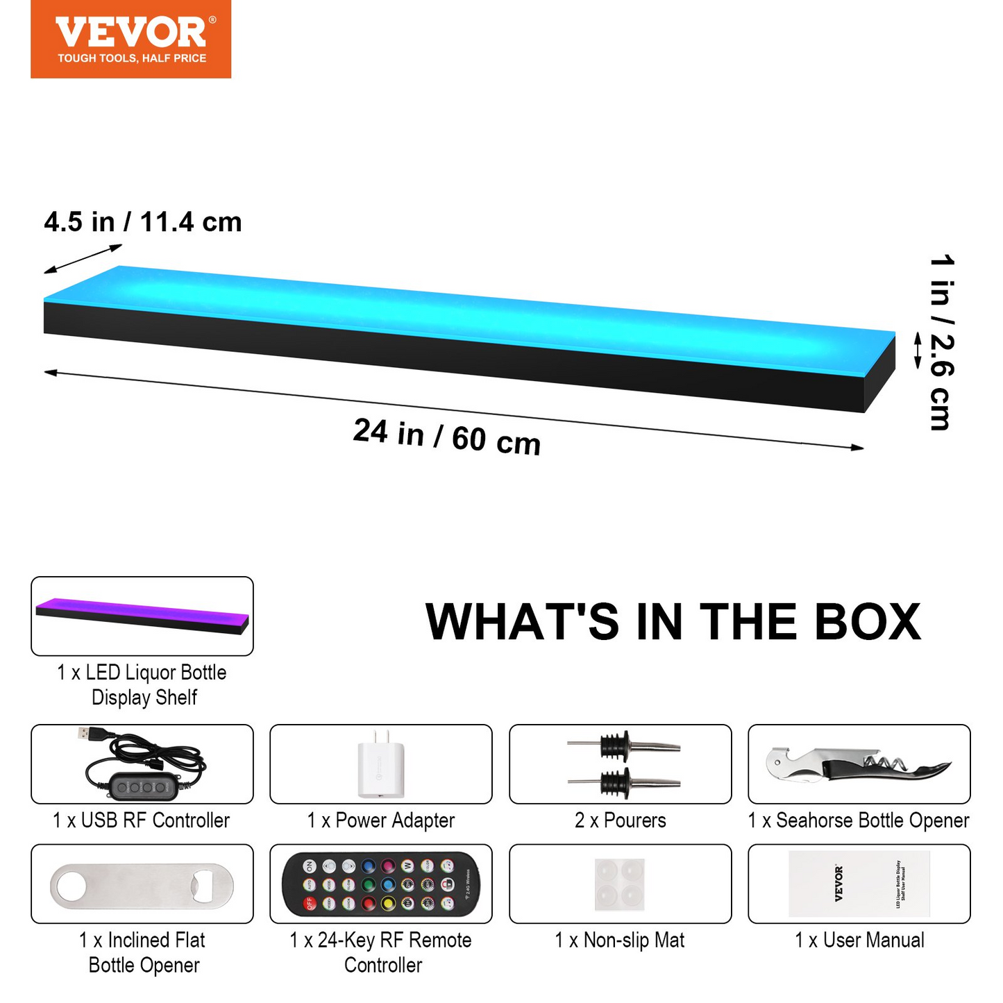 VEVOR LED Lighted Liquor Bottle Display Bar Shelf RF & App Control 24" 1-Step