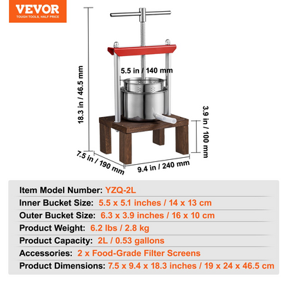VEVOR Fruit Wine Press, 0.53 Gallon/2L, 2 Stainless Steel Barrels, Manual Juice Maker, Cider Apple Grape Tincture Vegetables Honey Olive Oil Making Press with T-Handle & Stable Base for Kitchen, Home