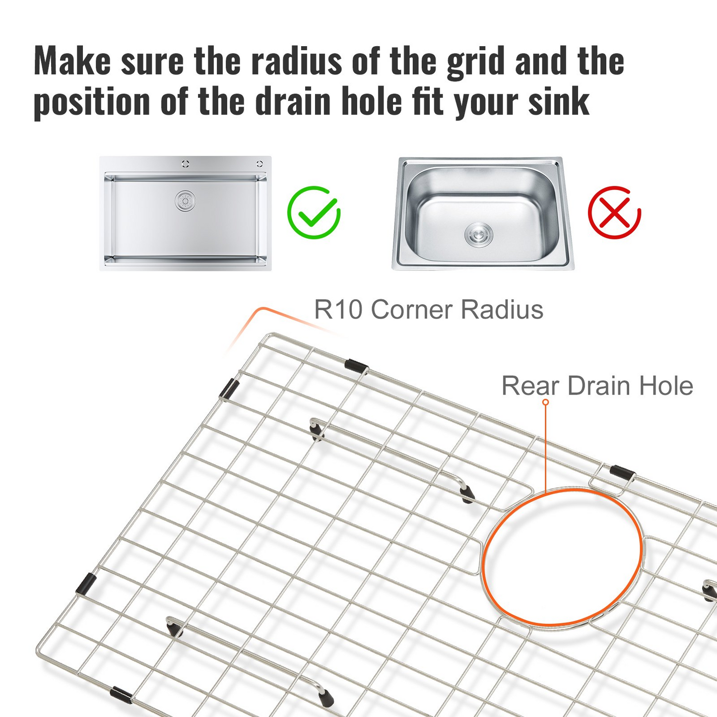 VEVOR Sink Protector Grid, 27.5"x13.5" Stainless Steel Sink Grates, Rear Drain Sink Grates with R5 Corner Radius, Large Sink Bottom Grids, Universal Bowl Rack Sink Accessories For Kitchen Sink, Silver