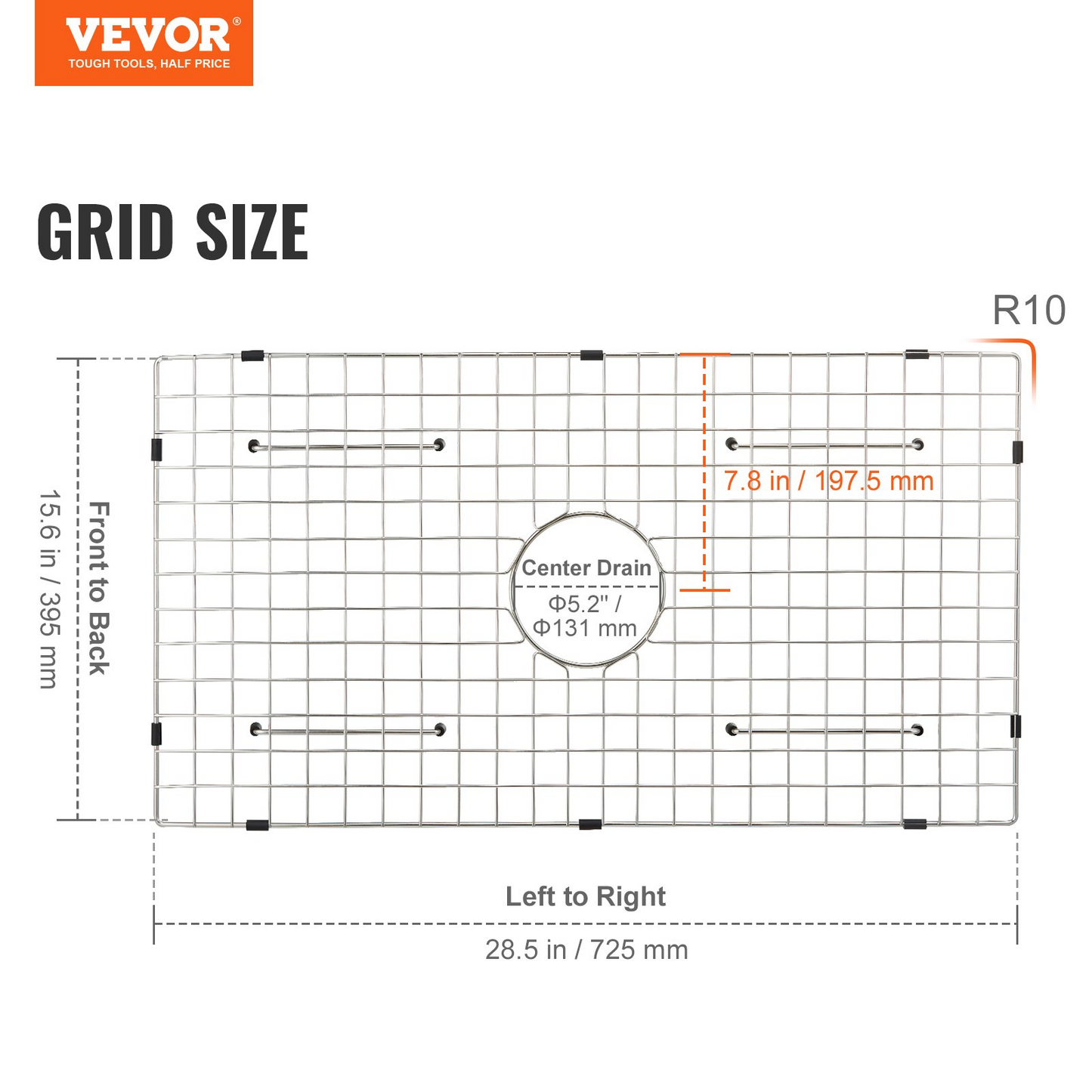 VEVOR Sink Protector Grid, 28.5"x15.6" Stainless Steel Sink Grates, Centered Drain Sink Grates with R20 Corner Radius, Large Sink Bottom Grids, Universal Bowl Rack Sink Accessories For Kitchen Sink
