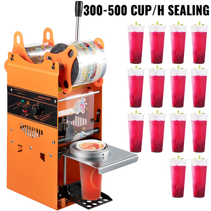 VEVOR Manual Tea Cup Sealer Machine, 300-500 Cup/h Manual Boba Tea Sealer Machine, Orange, 90/95mm Cup Diameter Cup Sealing Machine with Heating Technology for Bubble Milk Tea
