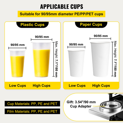 VEVOR Semi-automatic Cup Sealing Machine, 300-500 Cup/h Tea Cup Sealer Machine, Silver Boba Cup Sealer Machine, 90/95mm Cup Diameter Boba Cup Sealing Machine with Control Panel for Bubble Milk Tea