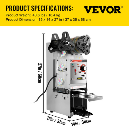 VEVOR Semi-automatic Cup Sealing Machine, 300-500 Cup/h Tea Cup Sealer Machine, Silver Boba Cup Sealer Machine, 90/95mm Cup Diameter Boba Cup Sealing Machine with Control Panel for Bubble Milk Tea