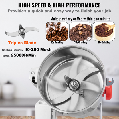 VEVOR 1000g Electric Grain Mill Grinder, 3750W High-Speed Commercial Spice Grinders, Stainless Steel Swing Type Pulverizer Powder Machine, for Spices Cereals Dry Grains Coffee Corn Pepper