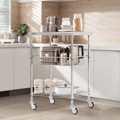 VEVOR 3-Tier Utility Cart Rolling Cart on Wheels 24"x20"x36.6" 470 LBS 6 Hooks