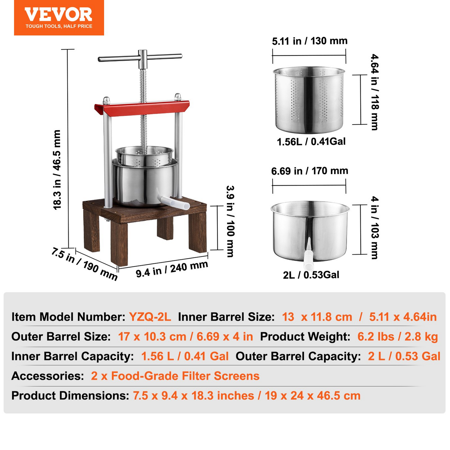 VEVOR Fruit Wine Press, 0.53 Gallon/2L, 2 Stainless Steel Barrels, Manual Juice Maker, Cider Apple Grape Tincture Vegetables Honey Olive Oil Making Press with T-Handle & Stable Base for Kitchen, Home