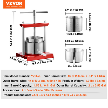 VEVOR Fruit Wine Press, 0.53 Gallon/2L, 2 Stainless Steel Barrels, Manual Juice Maker, Cider Apple Grape Tincture Vegetables Honey Olive Oil Making Press with T-Handle for Outdoor, Kitchen, and Home