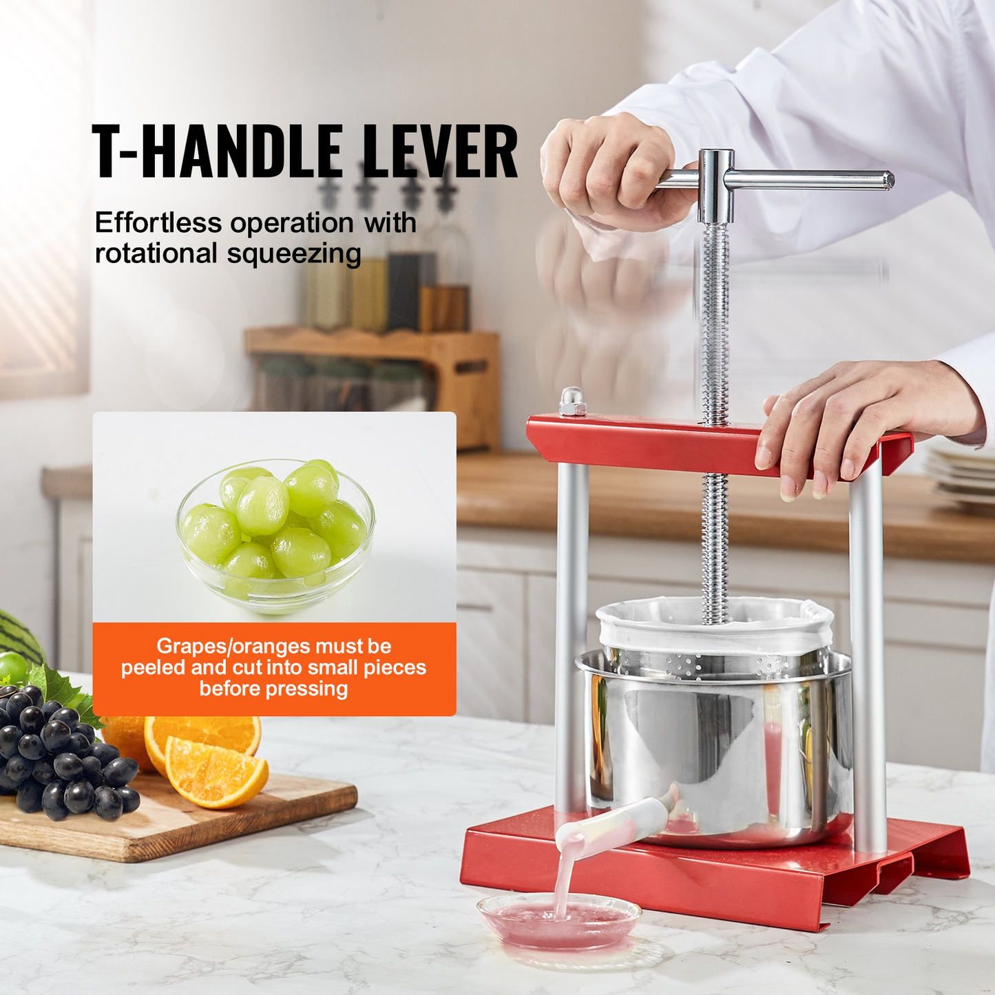 VEVOR Fruit Wine Press, 1.6 Gallon/6L, 2 Stainless Steel Barrels, Manual Juice Maker, Cider Apple Grape Tincture Vegetables Honey Olive Oil Making Press with T-Handle for Outdoor, Kitchen, and Home