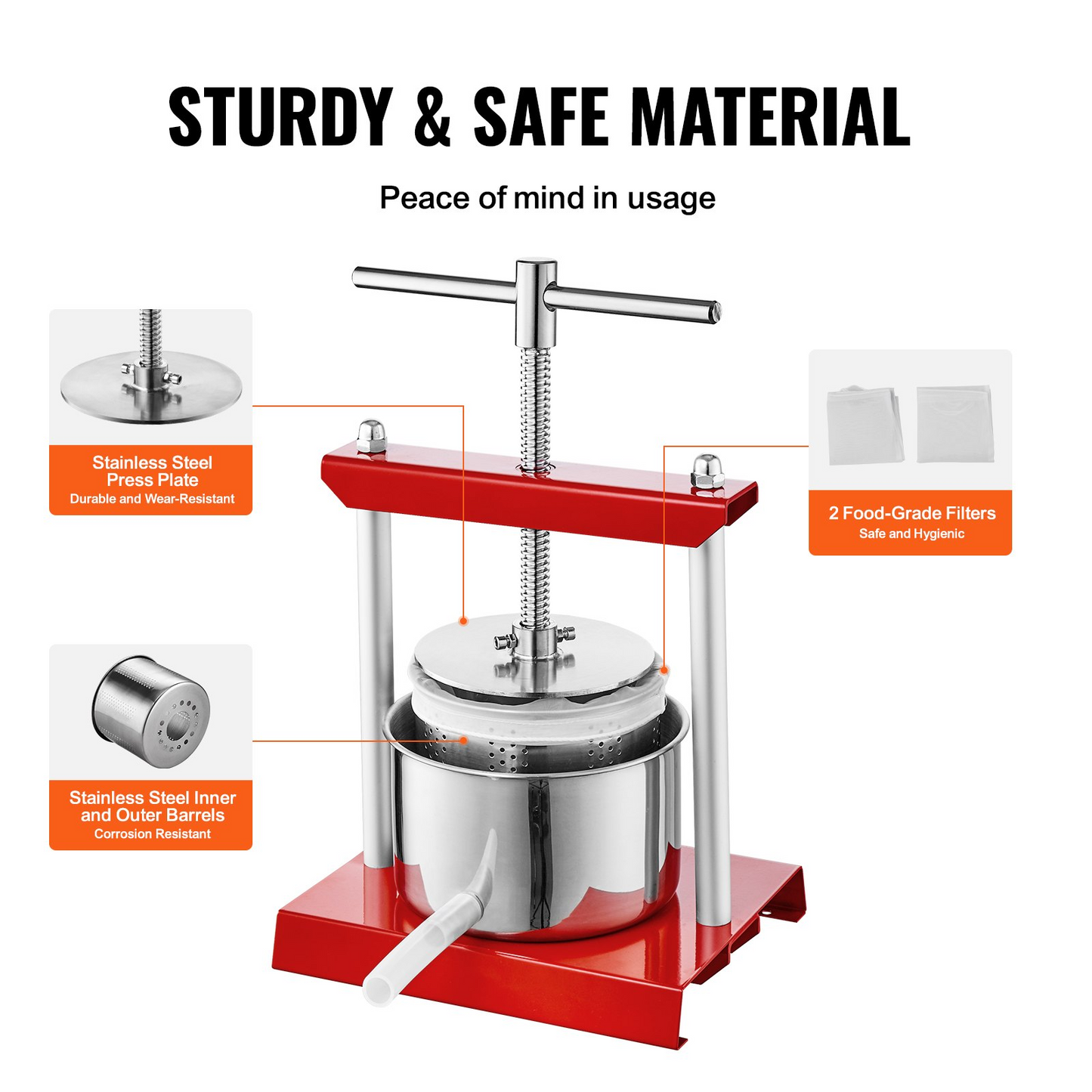 VEVOR Fruit Wine Press, 1.6 Gallon/6L, 2 Stainless Steel Barrels, Manual Juice Maker, Cider Apple Grape Tincture Vegetables Honey Olive Oil Making Press with T-Handle for Outdoor, Kitchen, and Home