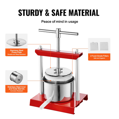 VEVOR Fruit Wine Press, 1.6 Gallon/6L, 2 Stainless Steel Barrels, Manual Juice Maker, Cider Apple Grape Tincture Vegetables Honey Olive Oil Making Press with T-Handle for Outdoor, Kitchen, and Home